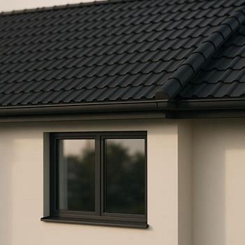 Zbliżenie na dach antracyt elewacja kremowa