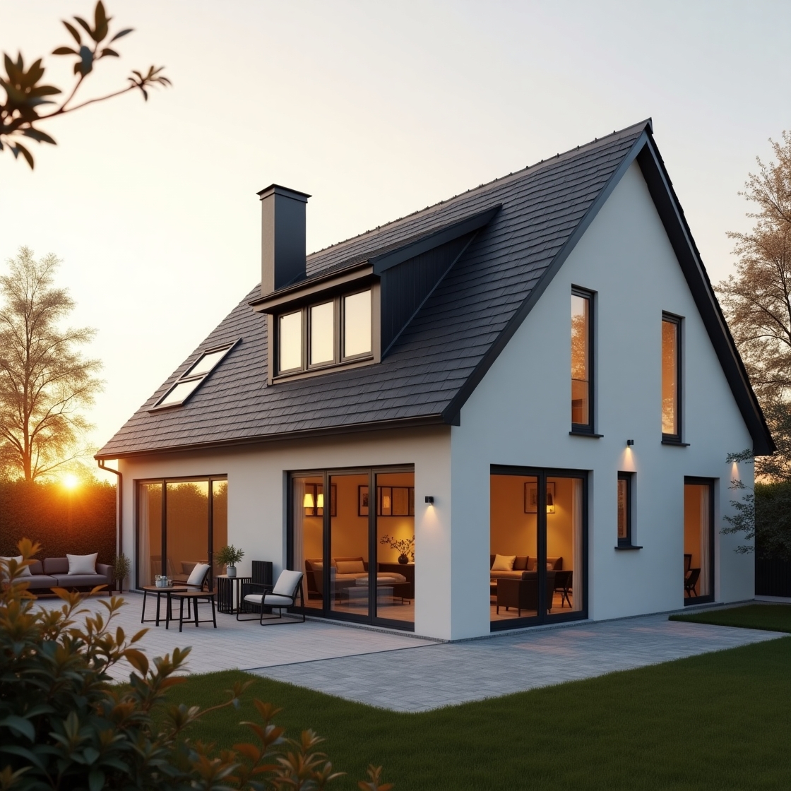 Dom z dachem i oknami antracyt o zachodzie słońca