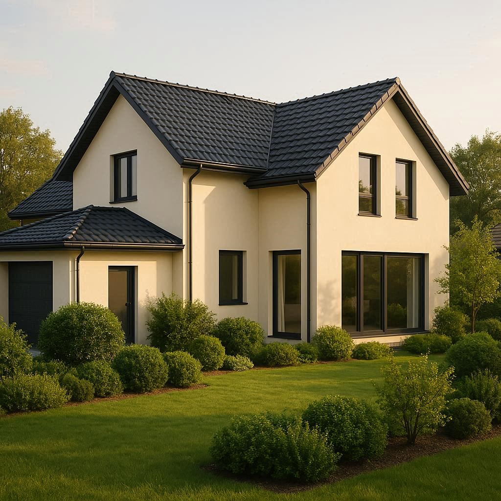 Dom z dachem i oknami antracyt otoczony zielenią