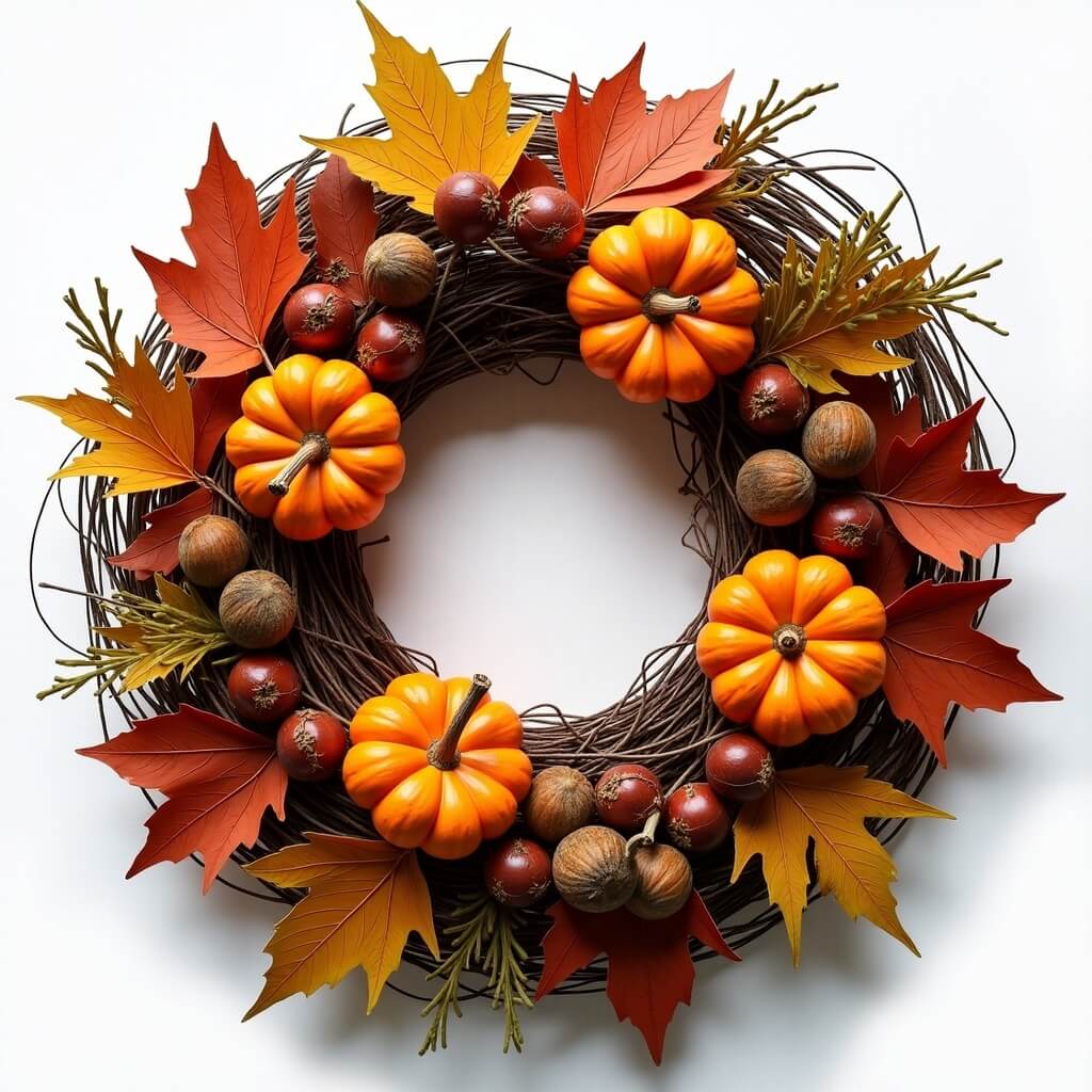 Gotowy okrągły jesienny stroik z dyniami, liśćmi i orzechami