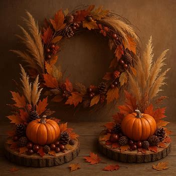 Jesienny wianek na ścianie z dyniami dekoracyjnymi na stole