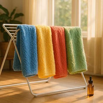 Kolorowe ręczniki wiszące na suszarce z buteleczką olejku eterycznego