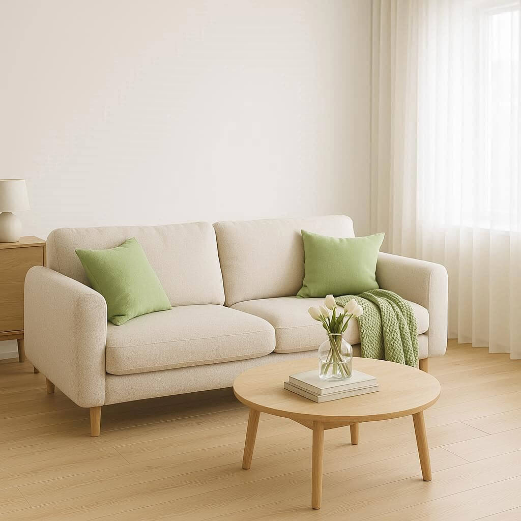 Nowoczesny salon z pistacjowymi poduszkami i pledem – przytulne dodatki