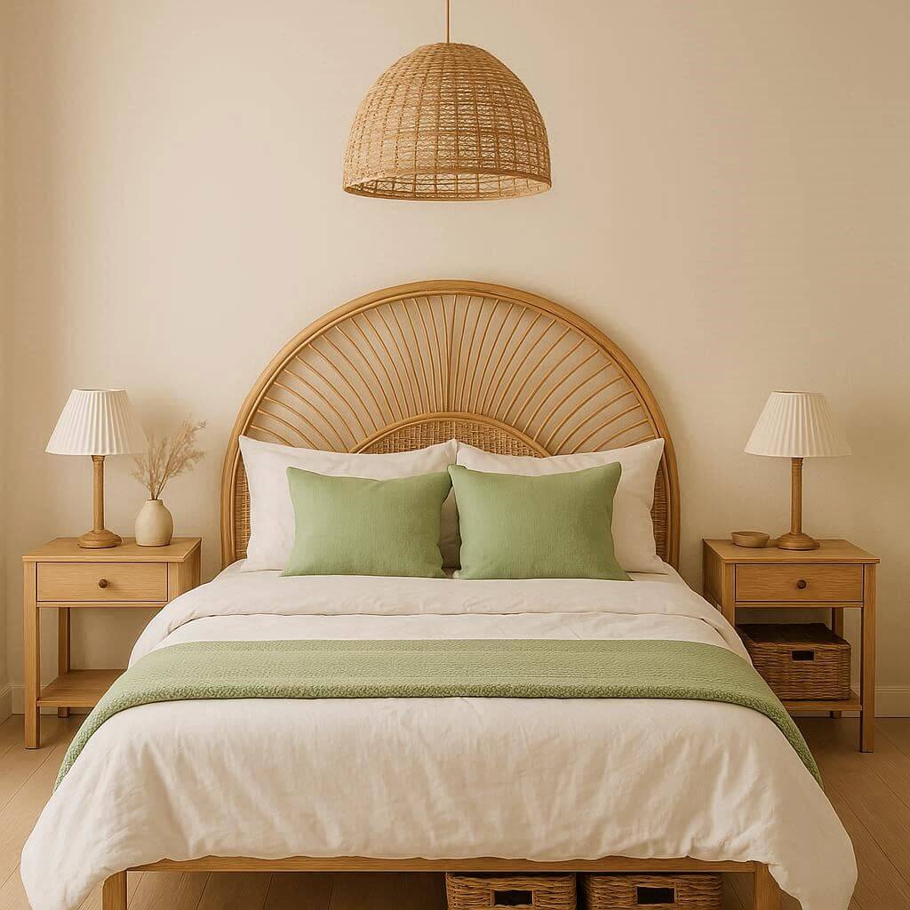 Sypialnia z pistacjowym pledem i poduszkami – delikatne dodatki