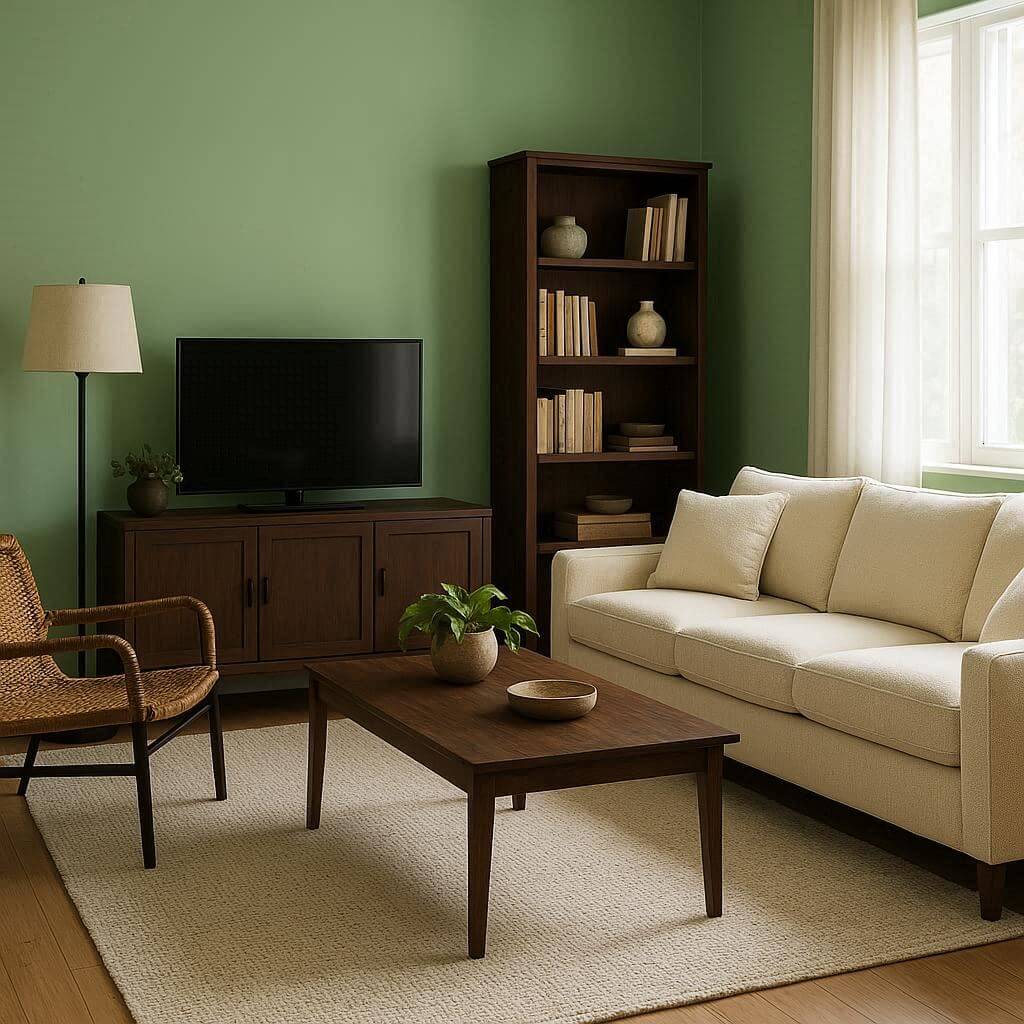 Pistacjowe ściany w salonie z ciemnymi drewnianymi meblami – kontrastowa aranżacja