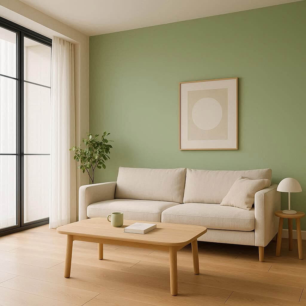 Salon z pistacjową ścianą i beżowymi meblami – nowoczesna aranżacja wnętrza