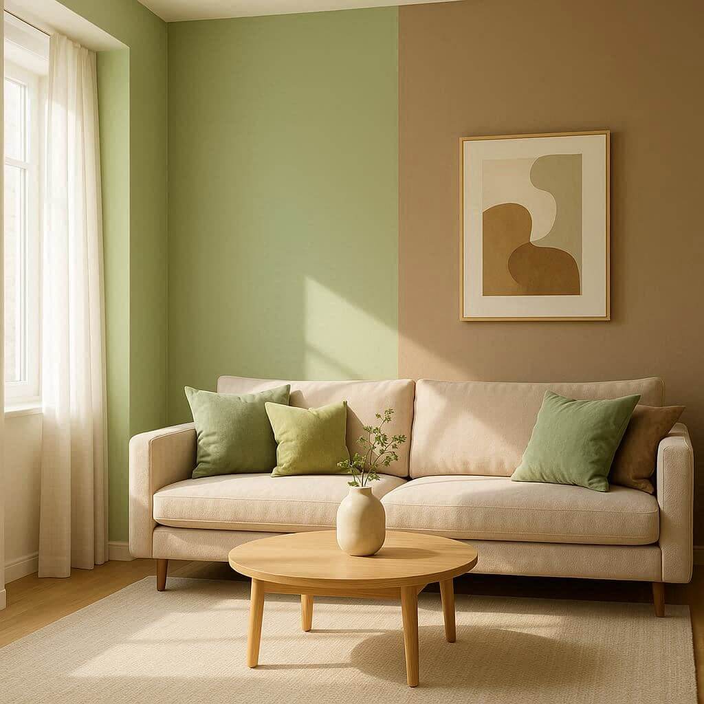 Nowoczesny salon w kolorach pistacjowym i Mocha Mousse – elegancka aranżacja wnętrza