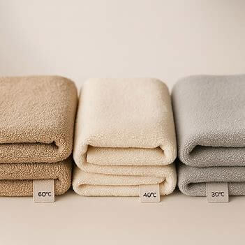 Ręczniki bawełniane, bambusowe i z mikrofibry z widocznymi etykietami temperatur prania