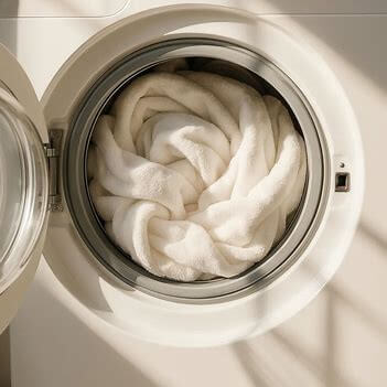 Białe ręczniki w pralce, delikatny proces prania