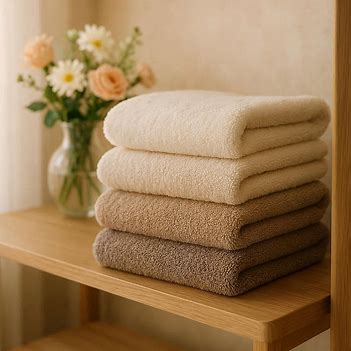 Stos puszystych ręczników na półce z kwiatami, przytulny luksusowy wygląd