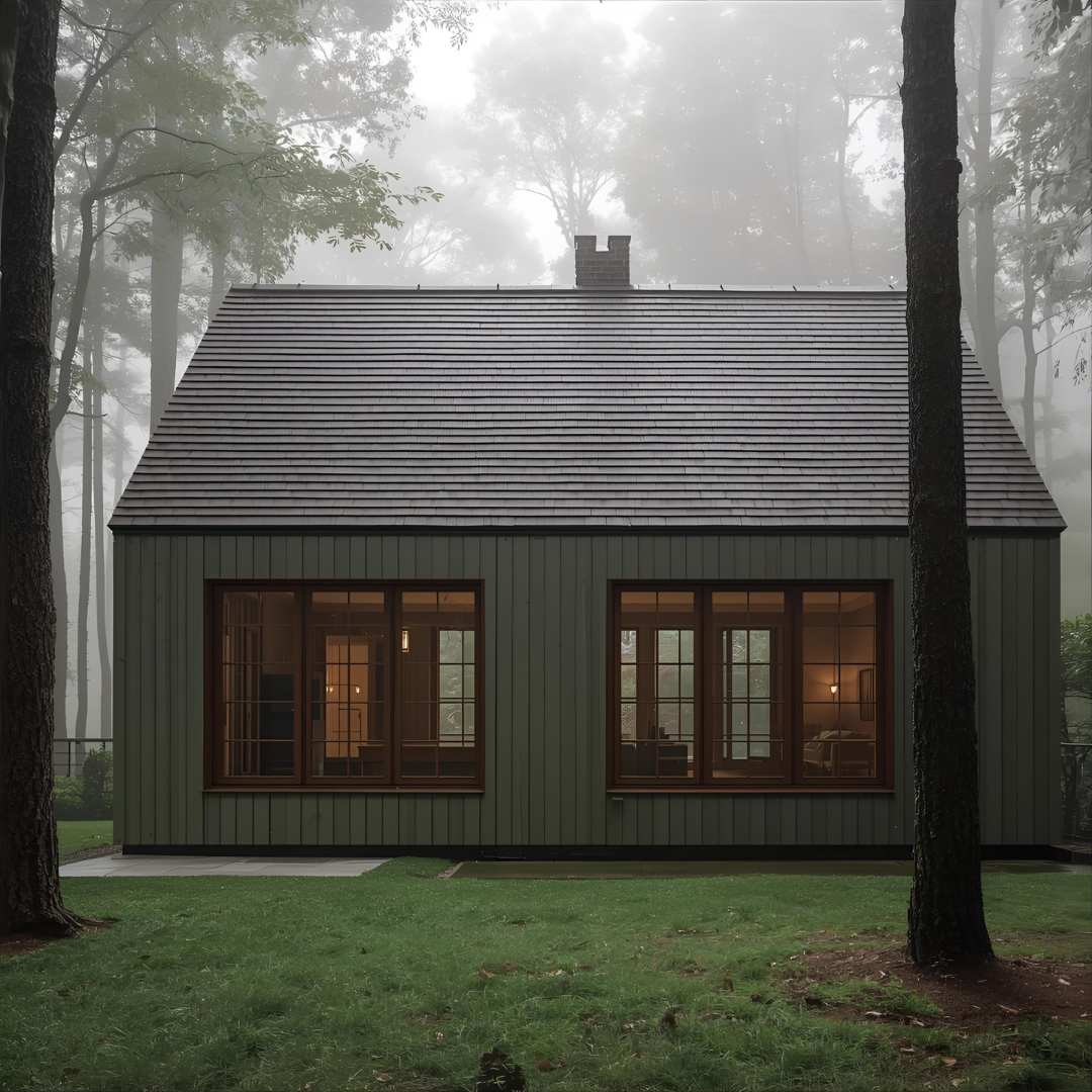 Nowoczesny dom z brązowym dachem i ciemnozieloną elewacją. Naturalna elewacja do brązowych okien.