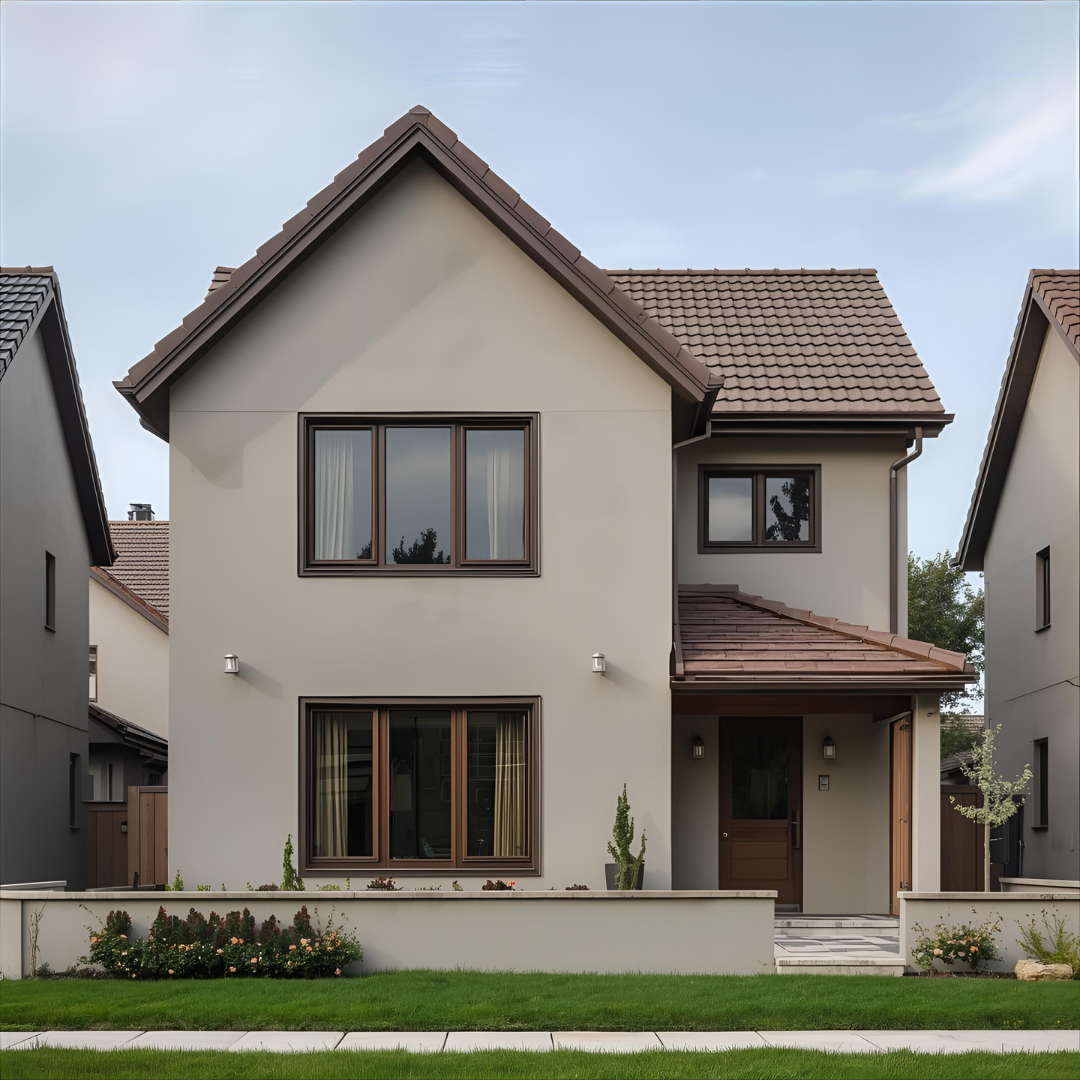 Dom z brązowym dachem, brązowymi oknami i jasnoszarą elewacją. Sprawdzona elewacja do brązowego dachu.