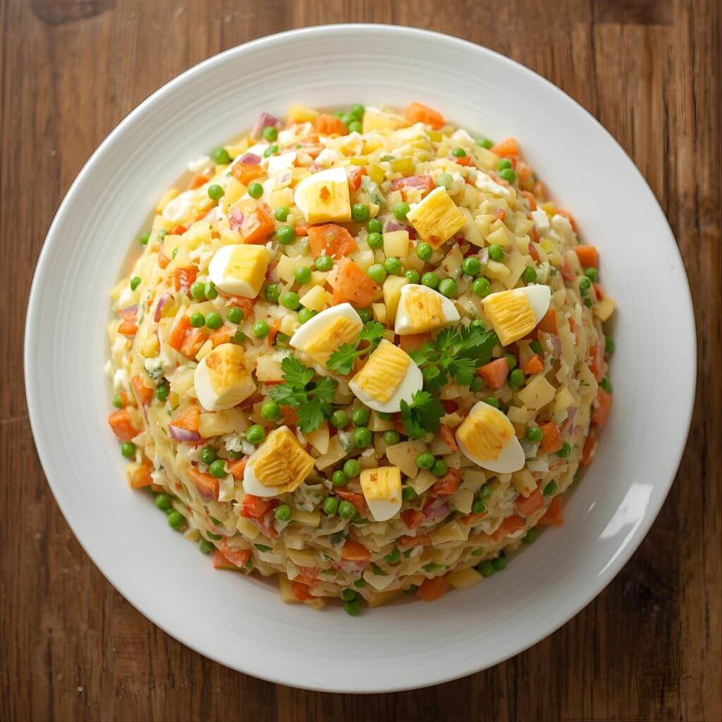 Sałatka jarzynowa podana na płaskim talerzu