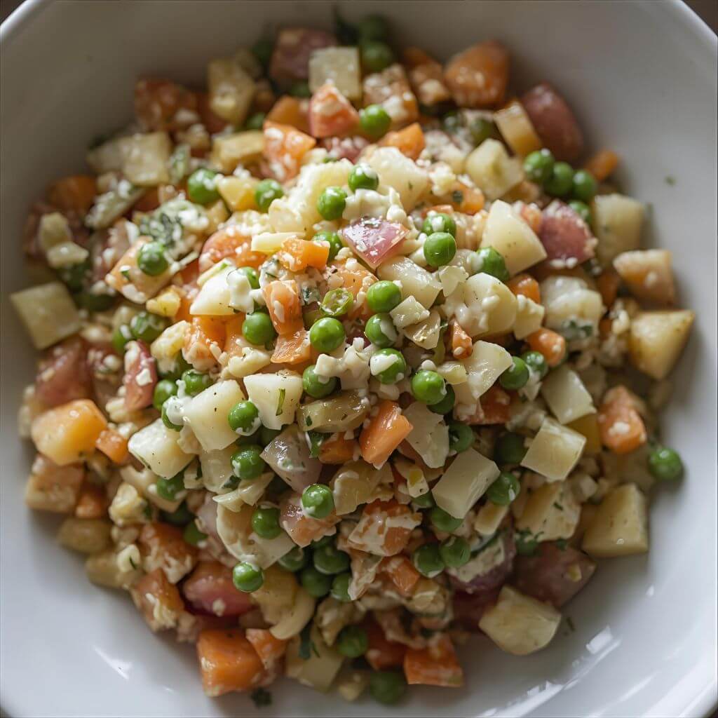 Sałatka jarzynowa uformowana w kopiec na płaskim talerzu, z widocznymi warzywami i jajkiem