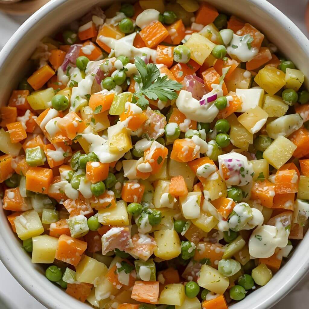 Jak udekorować sałatkę jarzynową? Tradycyjna sałatka jarzynowa w dużej białej misce