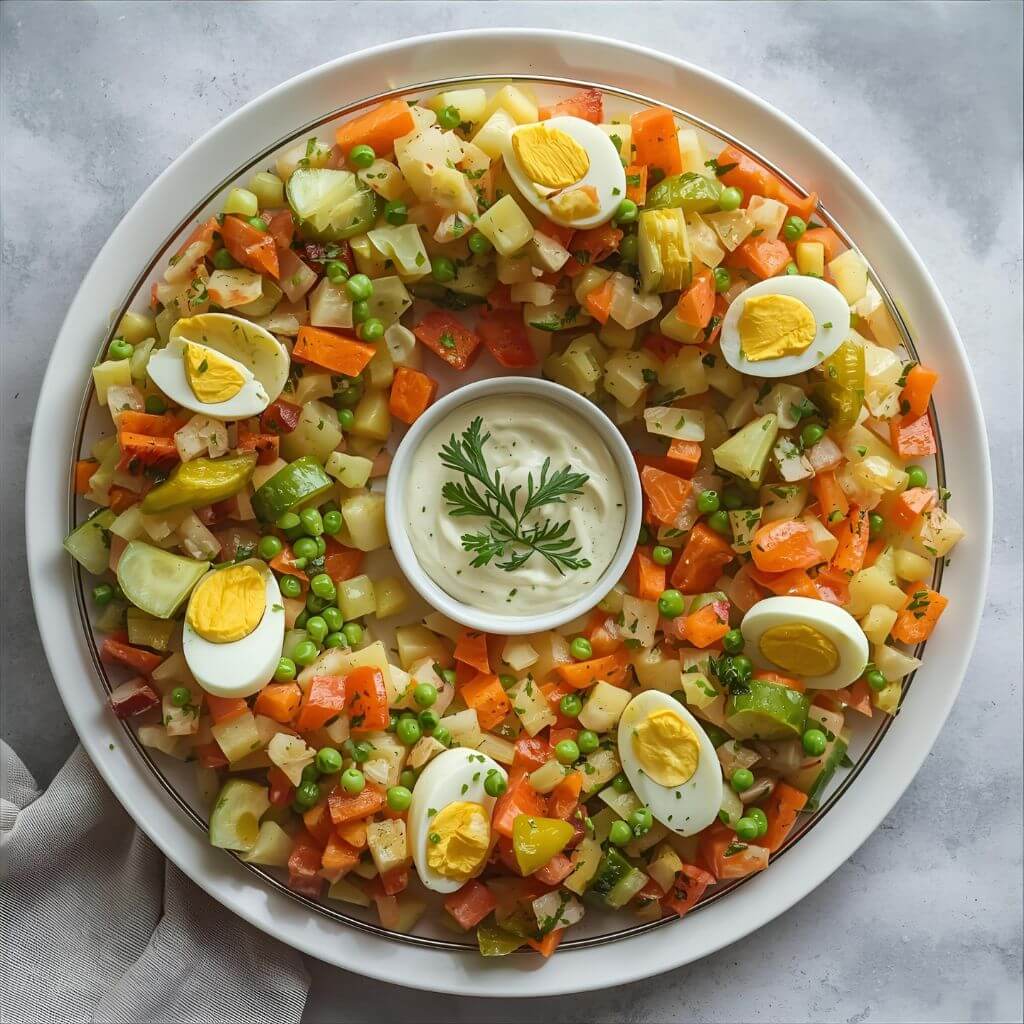 „Sałatka jarzynowa ułożona w kształt wieńca, udekorowana kawałkami jajka, groszkiem i świeżymi ziołami