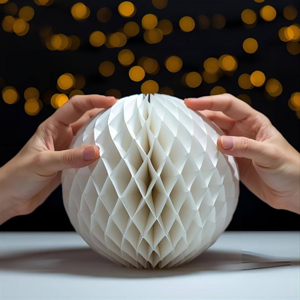 Dynamiczne zdjęcie rąk rozkładających sklejony stos kółek, który natychmiast otwiera się w idealną, gęstą kulę plastra miodu 3D.