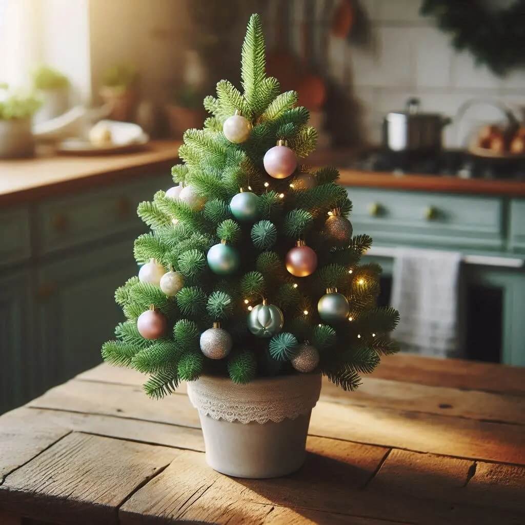 Mała choinka w doniczce ustawiona na drewnianym stole w przytulnej kuchni.