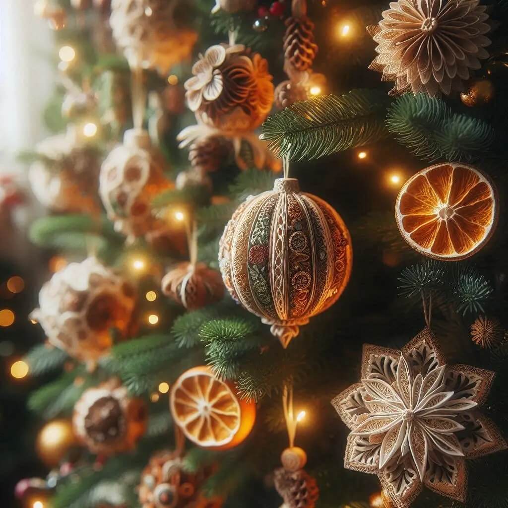 Zbliżenie na ręcznie robione dekoracje choinkowe z papieru i suszonych owoców.
