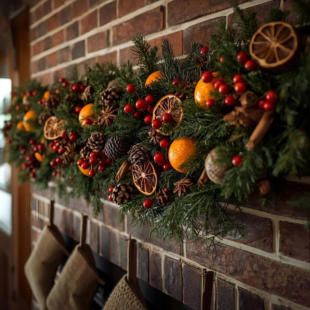 Długa, świąteczna girlanda z igliwia, lasek cynamonu i suszonych pomarańczy zawieszona nad rustykalnym, ceglanym kominkiem.