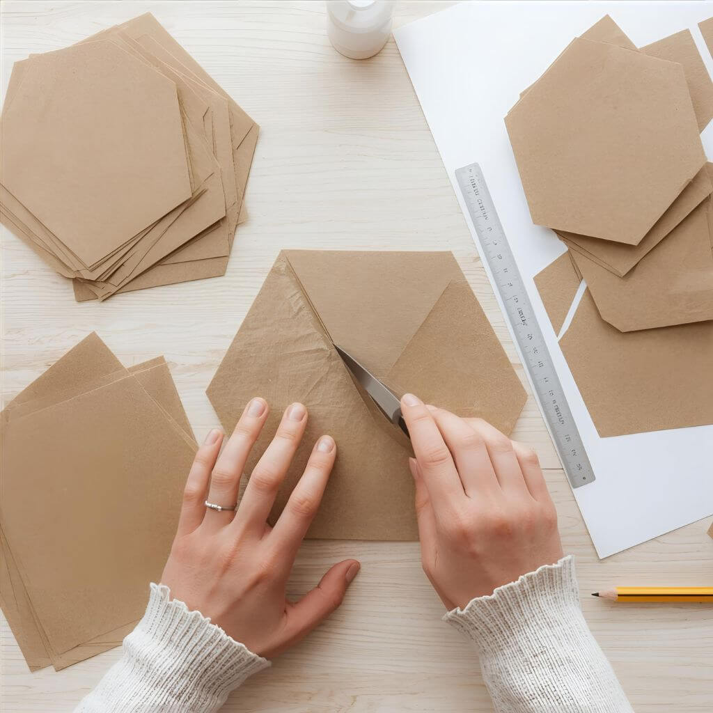 Zdjęcie z góry przedstawiające precyzyjne cięcie sześciobocznych szablonów z brązowego papieru kraftowego za pomocą nożyka i metalowej linijki.