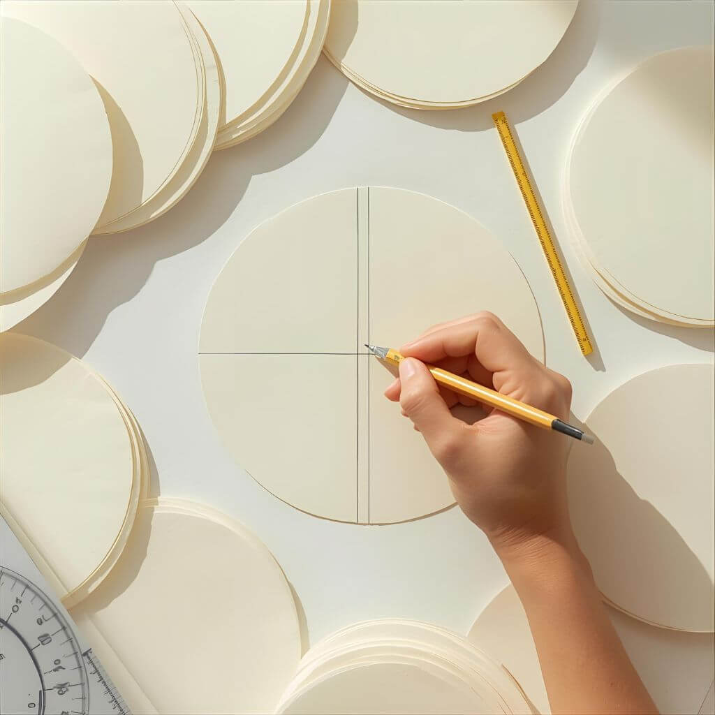 Zdjęcie z góry ukazujące stos kółek z białego papieru, z bliska widać precyzyjne rysowanie ołówkiem trzech linii na jednym z kół (klucz do efektu plastra miodu).