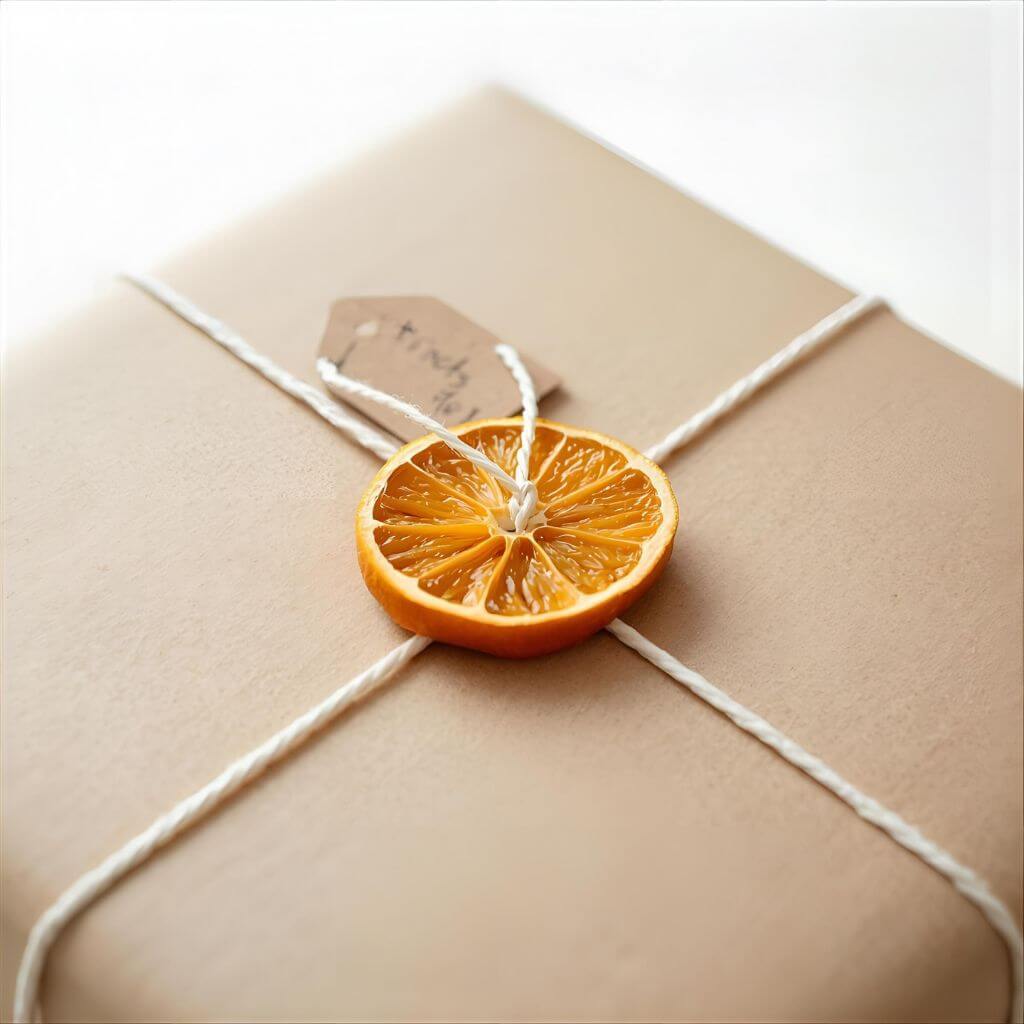 Prezent zapakowany w papier kraft, przewiązany sznurkiem, do którego przywiązany jest pojedynczy, idealnie wysuszony plaster pomarańczy.