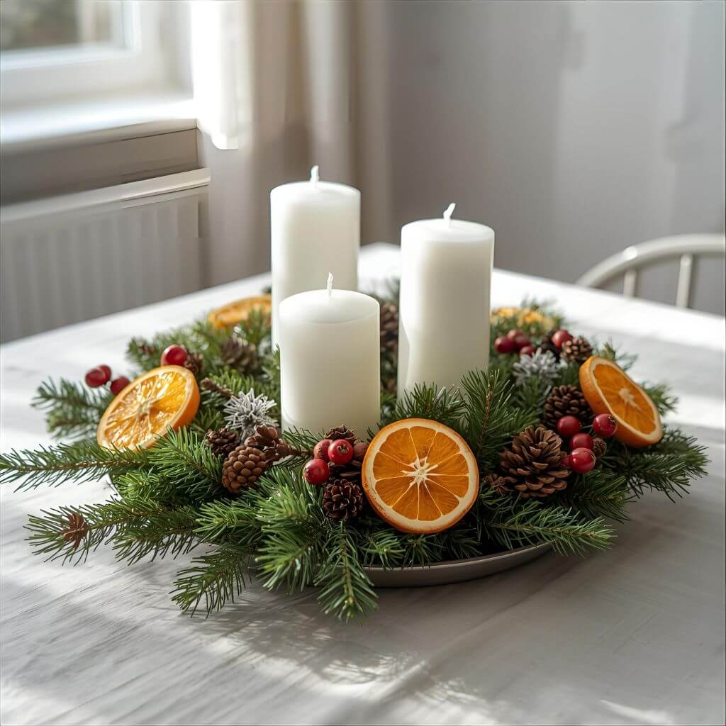 Jasny stroik świąteczny na stole z białymi świecami, gałązkami jodły i wyraźnymi, pięknie wysuszonymi plastrami pomarańczy.
