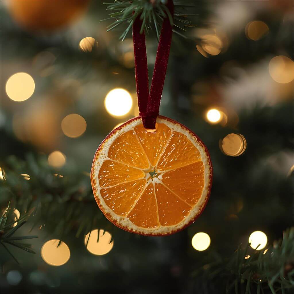 Bliskie ujęcie choinki, na której zawieszona jest ozdoba z wysuszonego plastra pomarańczy na czerwonej wstążce. W tle widać rozmyte lampki.