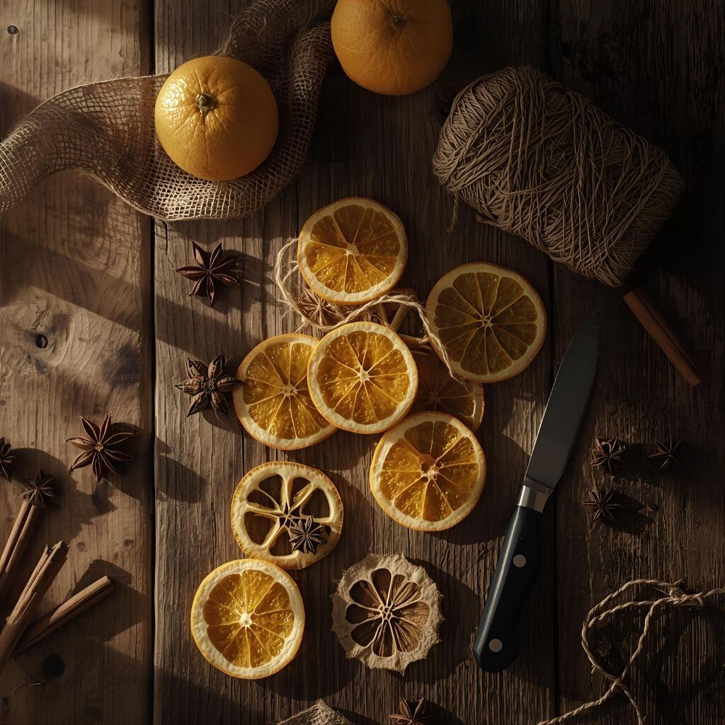 Aranżacja płaska (flat lay) z suszonymi plastrami pomarańczy, laskami cynamonu i sznurkiem jutowym na drewnianym stole w ciepłym świetle.