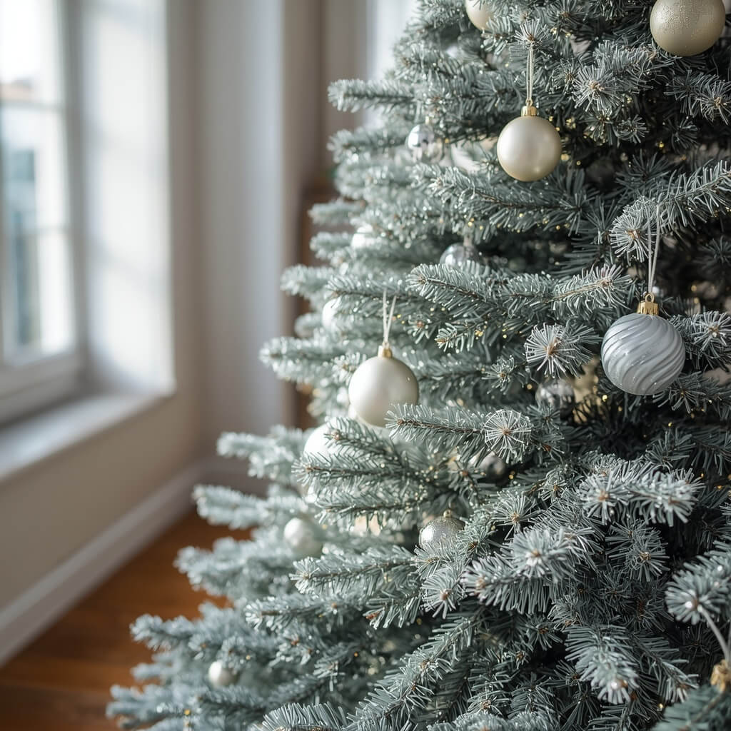 Świerk kłujący udekorowany minimalistycznie