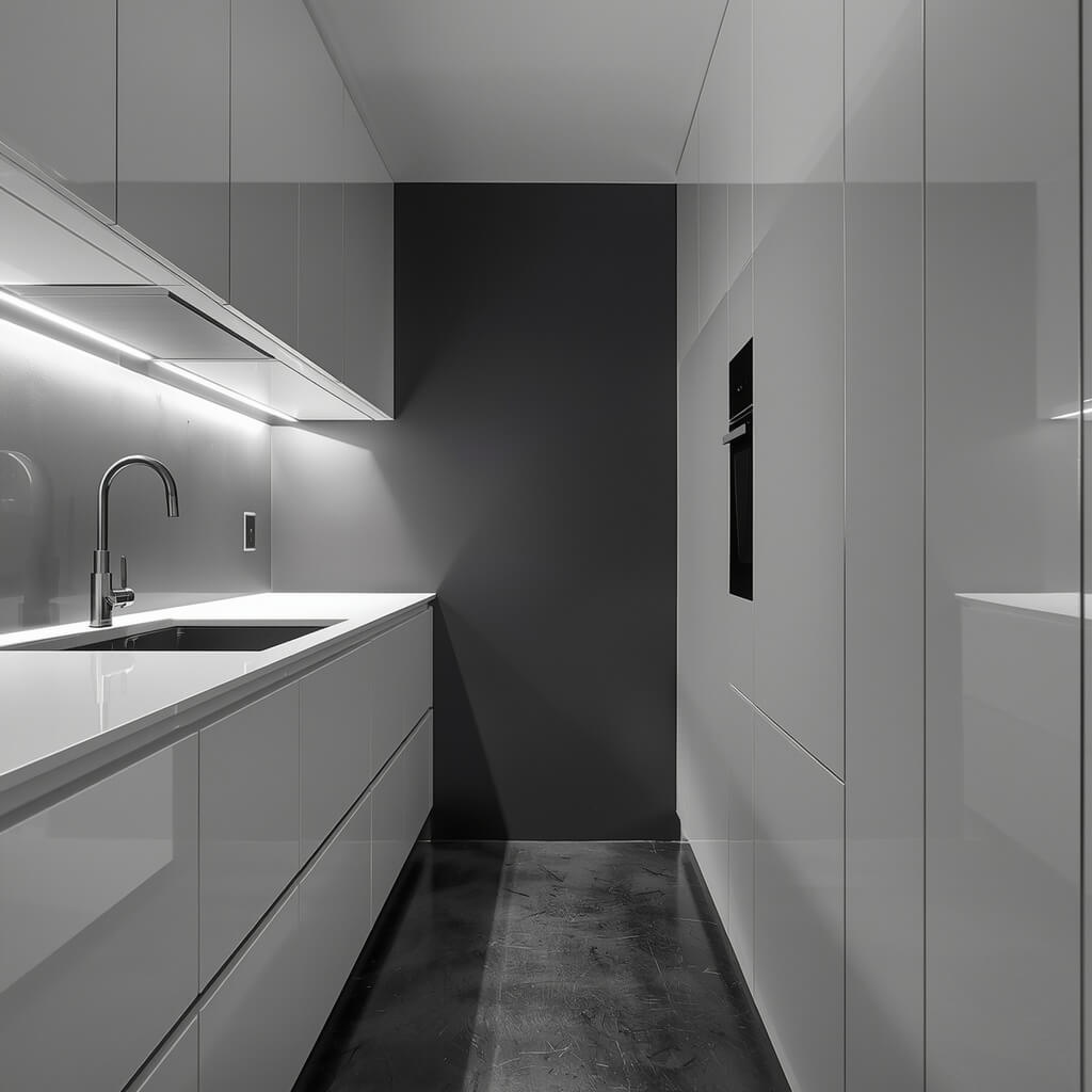 Kuchnia w stylu industrialnym z białymi frontami na wysoki połysk, kontrastującymi z matową ścianą w kolorze antracytowym.