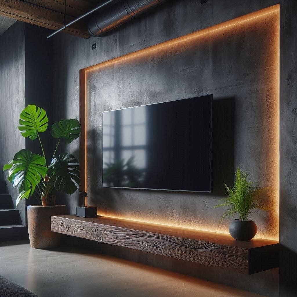 Ściana betonowa za telewizorem z drewnianą szafką podświetloną ciepłymi listwami LED.