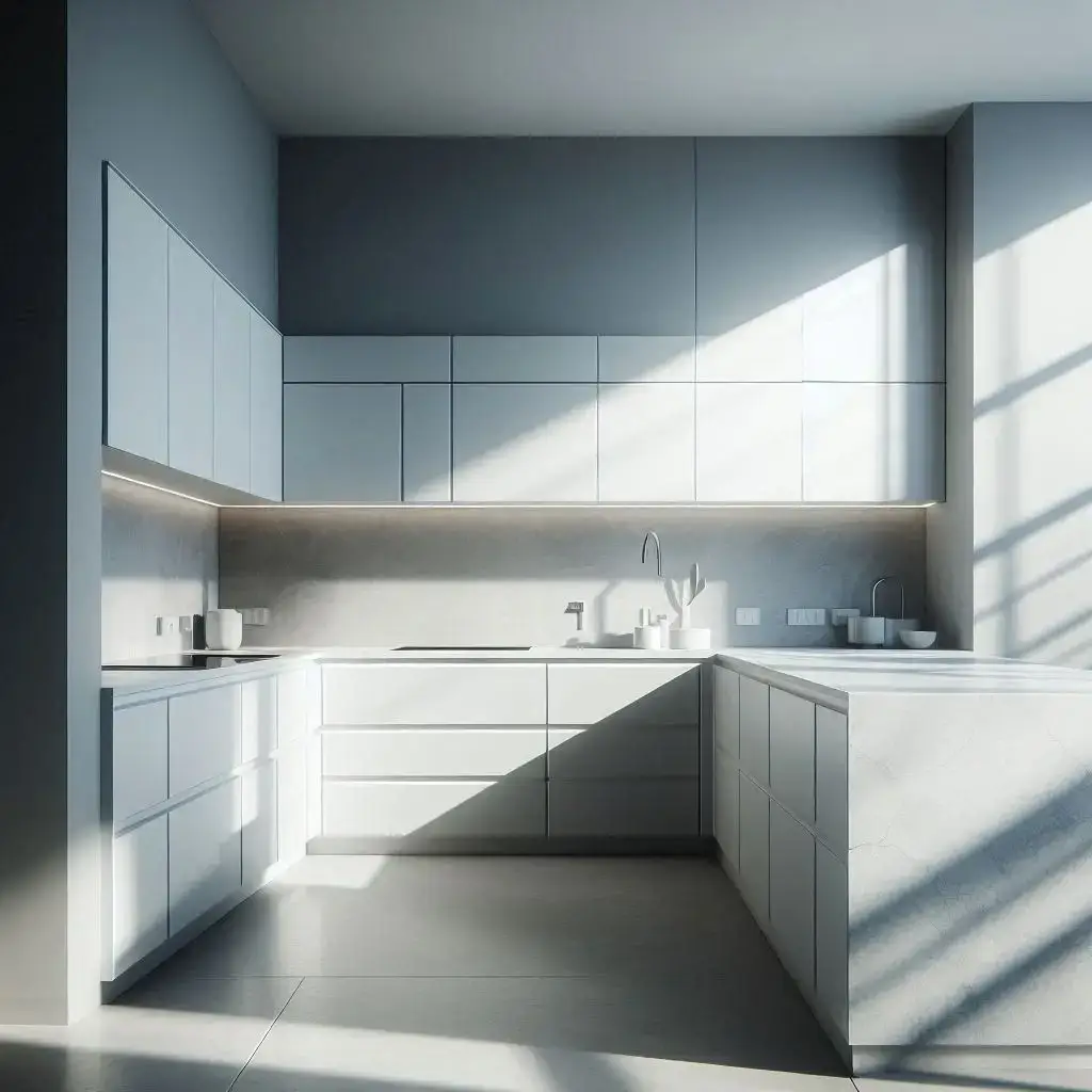 Nowoczesna kuchnia z białymi szafkami i ścianą w kolorze jasnoszarym, z marmurowym blatem.