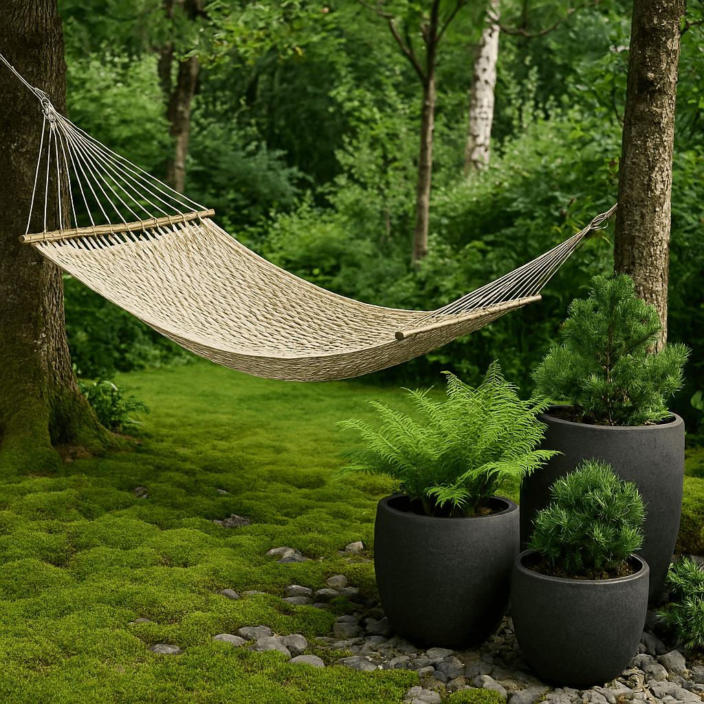 Kremowy hamak zawieszony w zacisznym kąciku ogrodu pełnym roślin