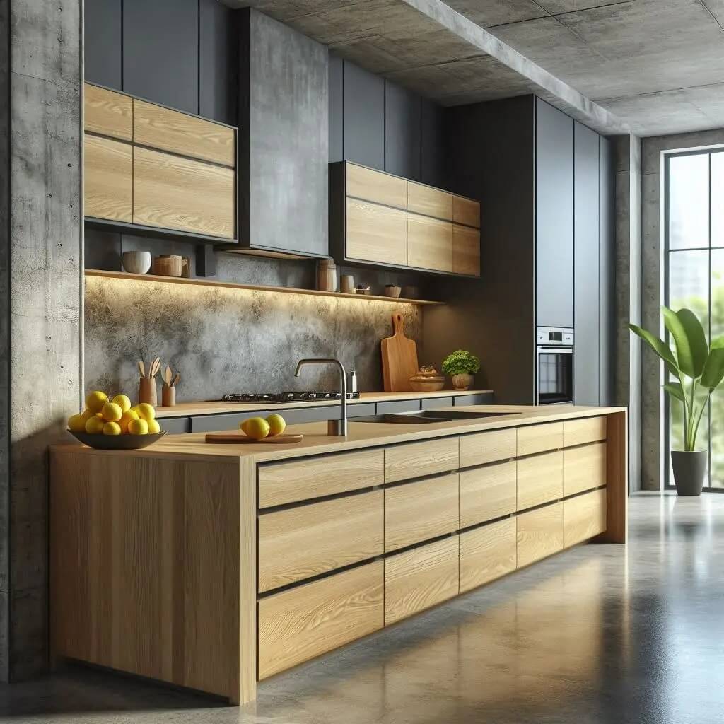 Nowoczesna kuchnia z betonowym wykończeniem ściany nad blatem i dębowymi szafkami.