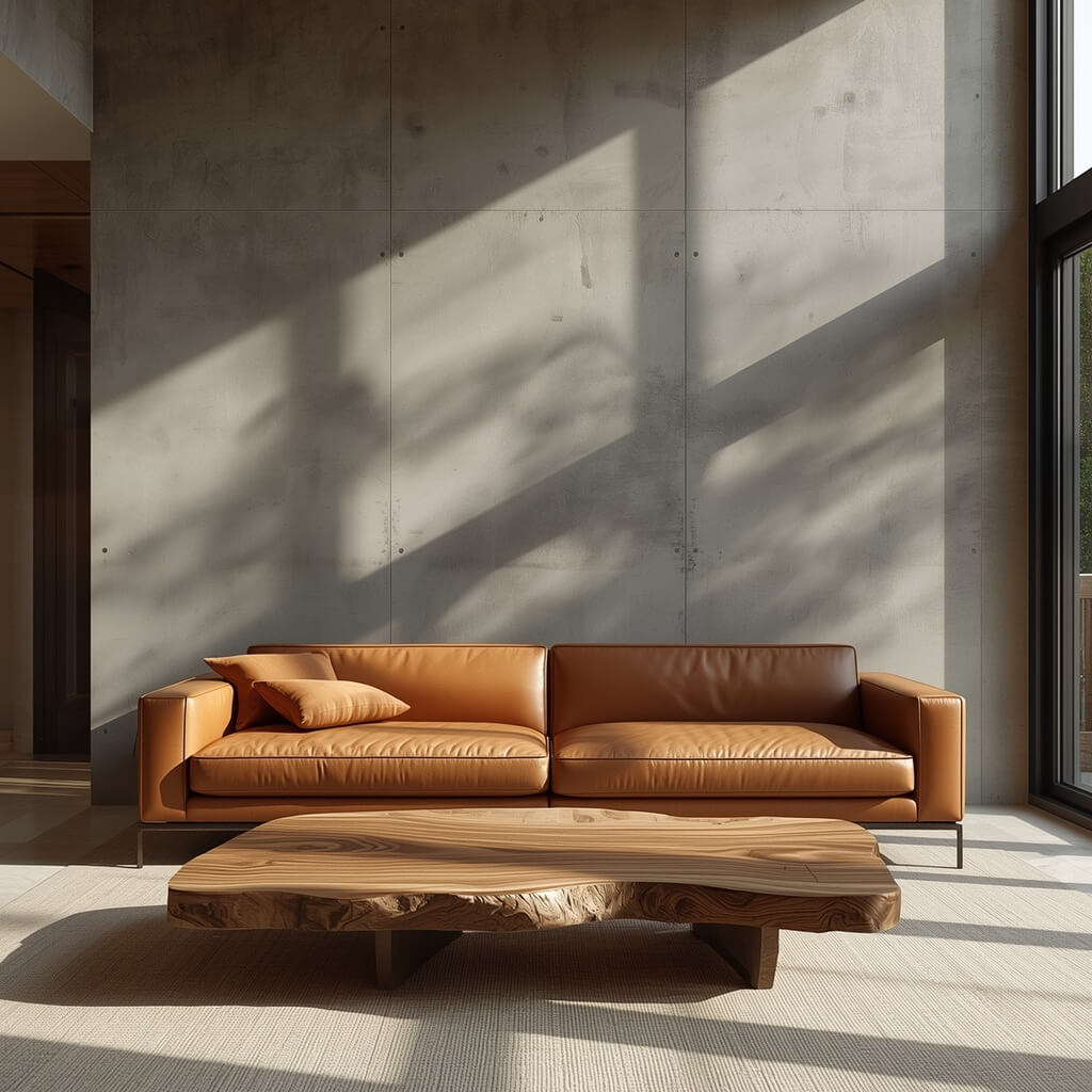 Przytulny salon z betonową ścianą, skórzaną kanapą i dębowym stolikiem kawowym w świetle dziennym.