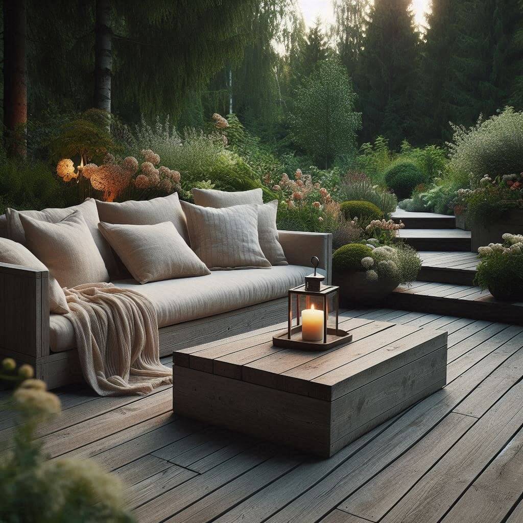 Przestronny drewniany taras z wygodną jasną sofą, otoczony roślinami