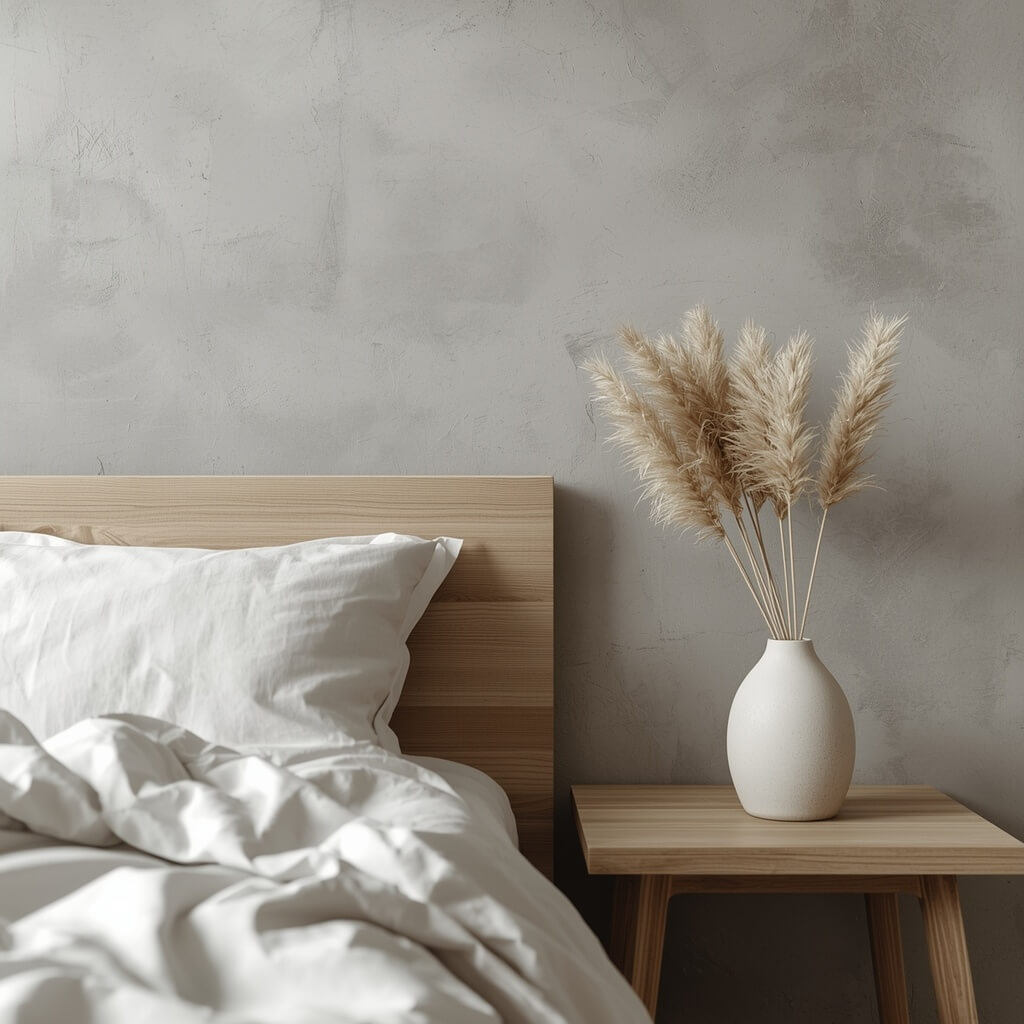 Jasna sypialnia z betonową ścianą i łóżkiem z jasnego drewna ozdobionym białą pościelą.