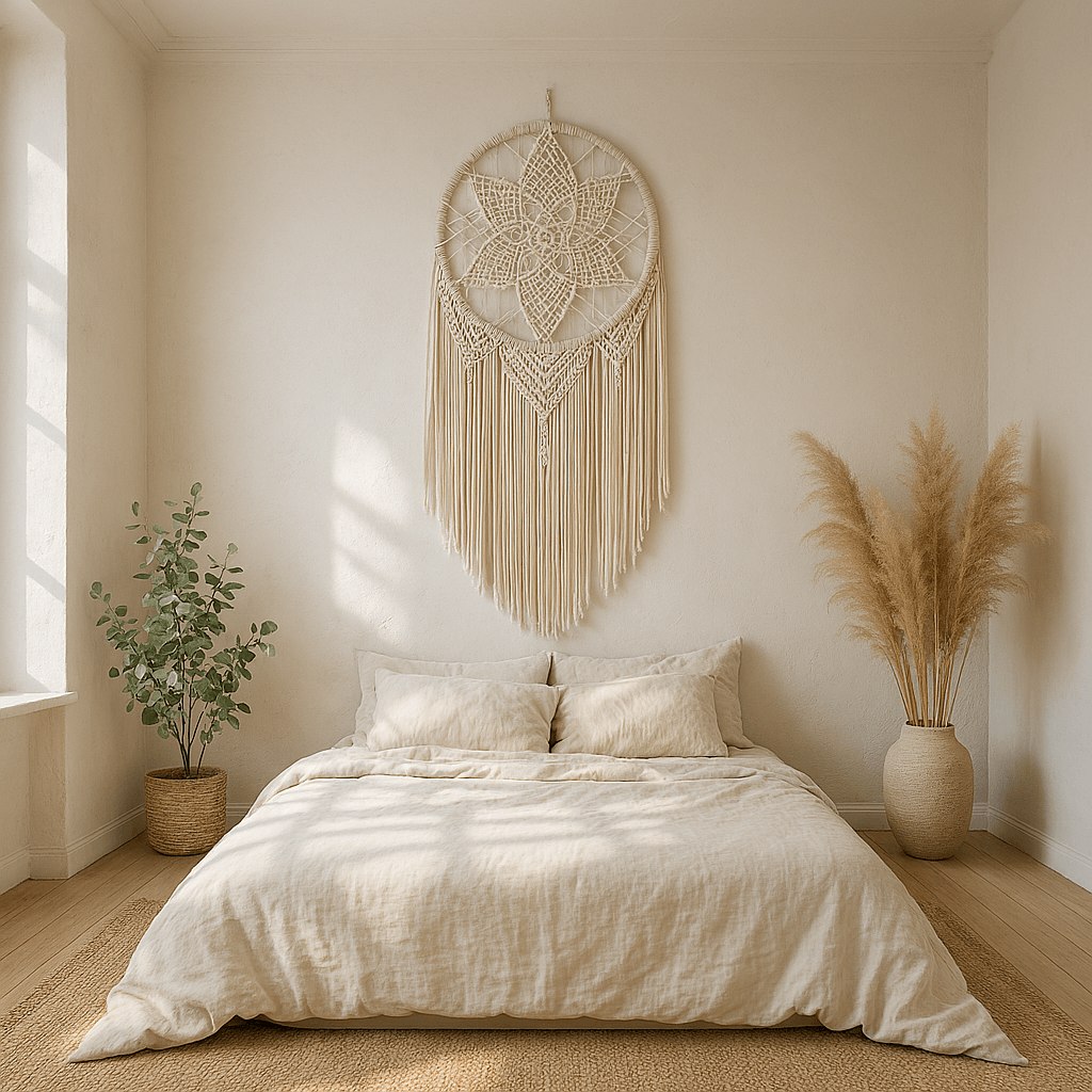 Imponujący, duży łapacz snów z makramy zawieszony nad łóżkiem w jasnej sypialni w stylu boho.