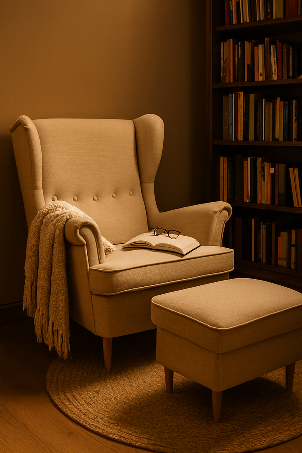 Beżowy fotel uszak z podnóżkiem i wełnianym kocem w przytulnym kąciku bibliotecznym.