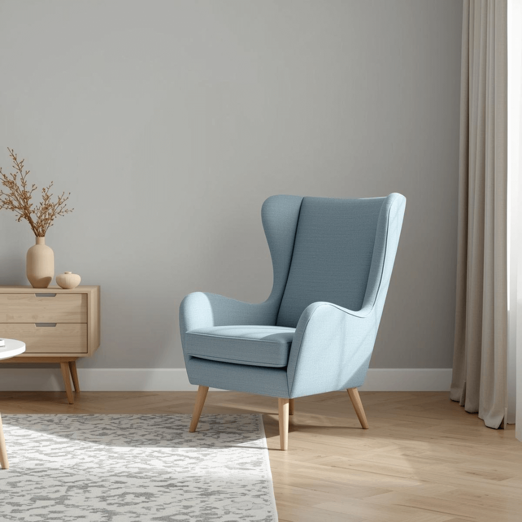 Błękitny fotel uszak w salonie w stylu skandynawskim z jasnymi meblami i geometrycznym dywanem.