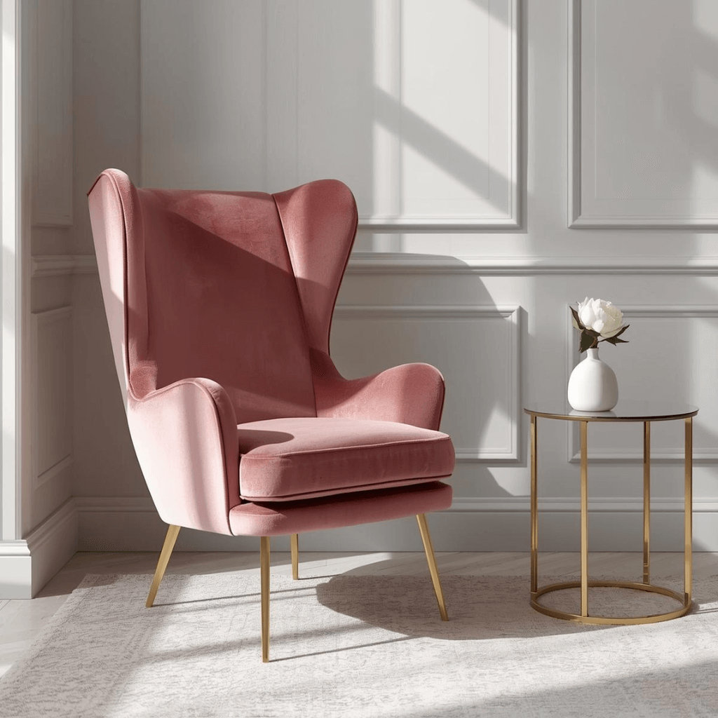 Różowy fotel uszak z aksamitu na złotych metalowych nogach w eleganckim, nowoczesnym salonie.