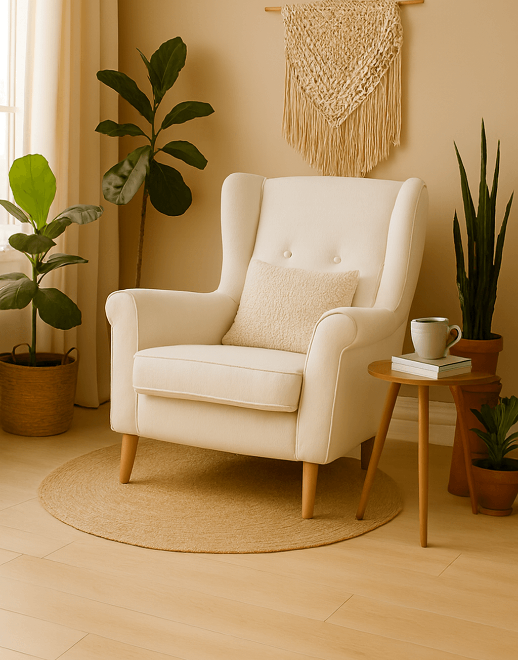 Biały fotel uszak w tkaninie boucle w jasnym, nasłonecznionym salonie w stylu minimalistycznym
