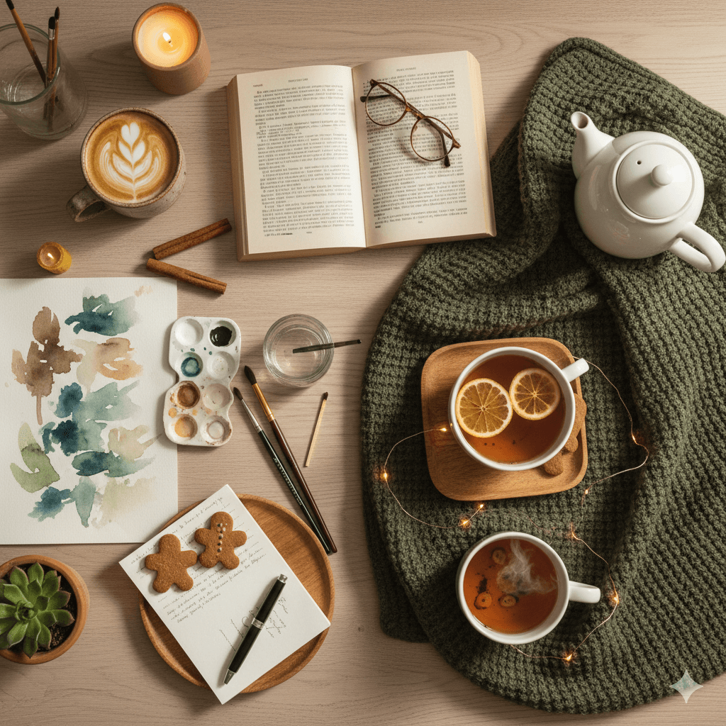 Zdjęcie z góry przedstawiające zestaw do herbaty, otwartą książkę, okulary i wełniany szal na drewnianym stole.