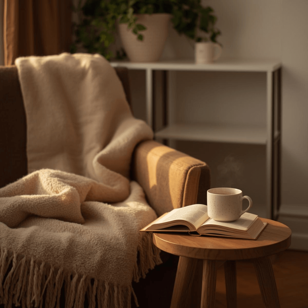 Przytulny fotel z kocem i kubkiem herbaty w uporządkowanym, jasnym salonie.