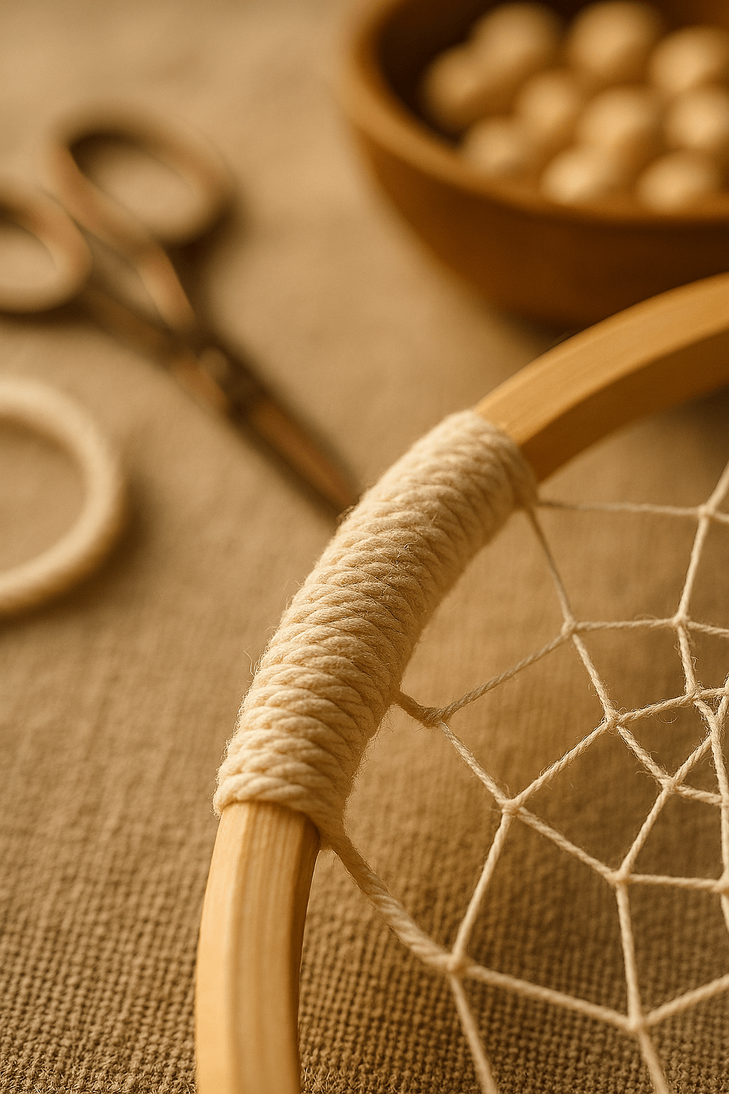 Zbliżenie na drewnianą obręcz łapacza snów owijaną naturalnym sznurkiem bawełnianym - w trakcie tworzenia