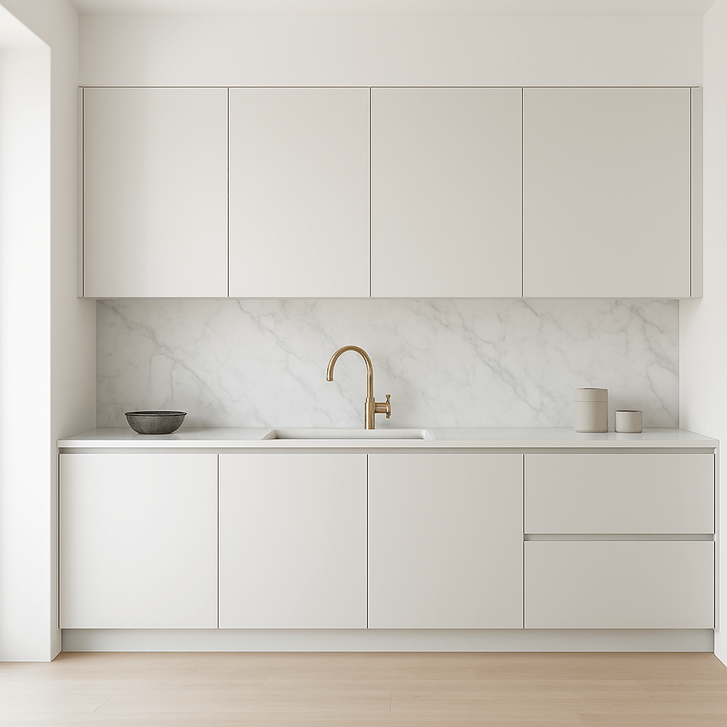 Nowoczesna kuchnia z matowymi szafkami w kolorze Cloud Dancer i marmurowym blatem.