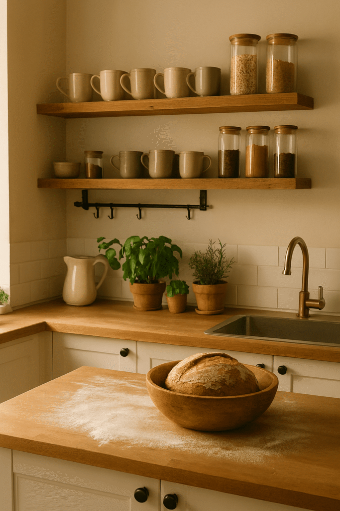 Kuchnia w stylu hygge z drewnianymi blatami, otwartymi półkami i świeżym domowym chlebem.
