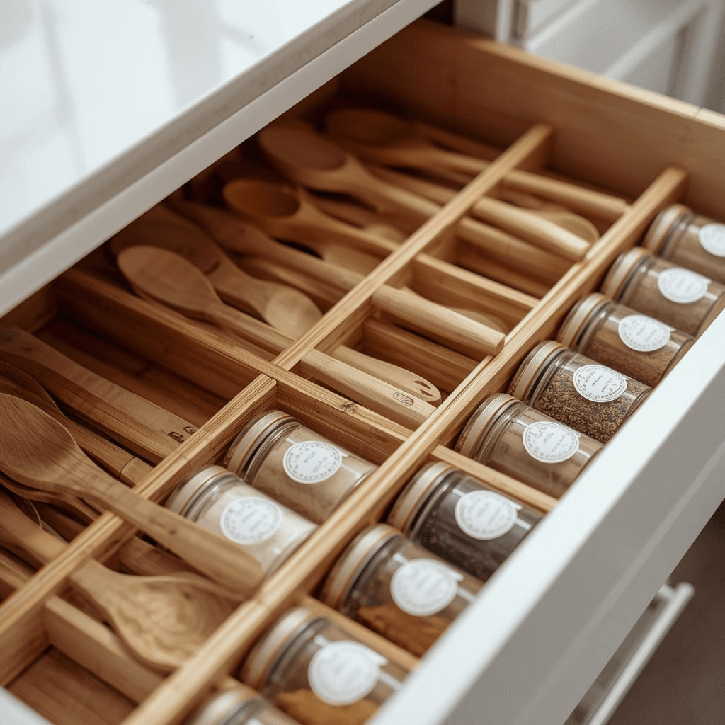 twarta szuflada kuchenna z bambusowym wkładem i równo poukładanymi akcesoriami oraz przyprawami.